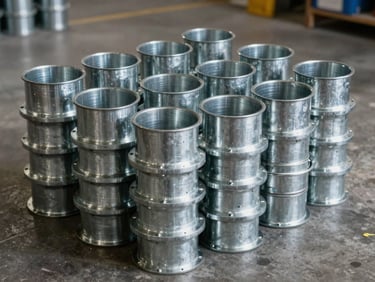 A high-density stack of galvanized steel spiral duct fittings and volume control dampers resting on a concrete factory floor, high-contrast industrial lighting.