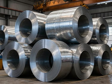 Massive galvanized steel coils stacked in a heavy industrial warehouse, overhead crane visible, high-contrast metallic textures