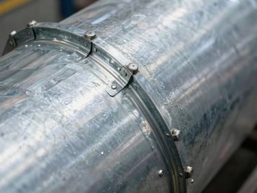 Close-up of a galvanized steel duct seam, showing precise lock joints and industrial rivets, high-contrast factory light