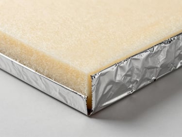 Pre-insulated duct panel section showing the foam core and aluminum foil facing, clean cut edge, studio lighting