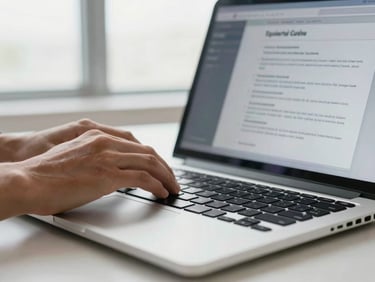 Close-up of hands typing on a laptop, a professional document interface visible on screen, natural window light, clean corporate tones, shallow depth of field, 50mm lens. Modern Equatorial Guinean professional.