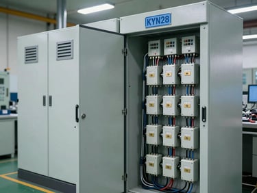 Clean industrial shot of KYN28 metal-clad high-voltage switchgear cabinets, structured wiring blocks, cool factory lighting.