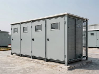 Wide outdoor shot of a prefabricated compact substation, reinforced steel enclosure, clean concrete pad, cool daylight.
