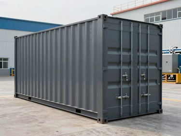 Close-up of a dark gray steel prefabricated substation container running in a busy industrial manufacturing park, clean concrete pad foundation.