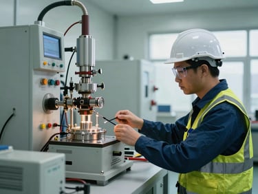 An engineer in proper safety gear conducting inspections in a high-voltage testing chamber, dielectric testing equipment, cool industrial daylight.
