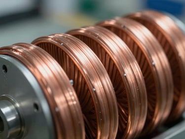 Macro close-up of high-purity copper transformer windings, clean factory environment, cool daylight.
