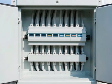 Straight-on architectural photo of a modern, perfectly organized electrical panel with clean conduit runs and high-contrast daylight with subtle cool blue ambient light, 35mm lens