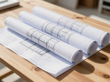 Close-up of clean architectural blueprints rolled out on a neat wooden table at a bright, sunlit construction site.