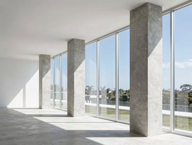Crisp architectural photo of a modern interior renovation, exposed concrete columns, clean framing, bright natural window light.