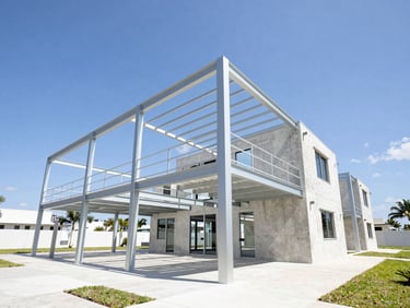 Sharp wide-angle architectural shot of a modern residential steel and concrete framing structure under bright Florida sun.