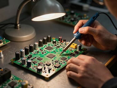 Technician hands holding a soldering iron over a television main board on a workbench, close-up overhead angle, replacement capacitors and chips laid out beside the board, tungsten workshop lamp illuminating the components from above, warm amber light, dark background, no faces visible