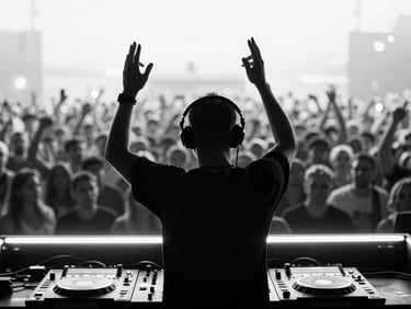High-contrast black and white silhouette of a world-famous DJ performing behind a glowing neon DJ booth, hands raised, massive crowd blurred in the background, bright backlight