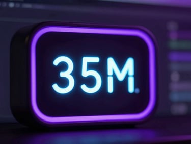 Sleek dark-mode technology photography, macro shot of a glowing digital timer on an editing monitor, dramatic purple neon rim lighting, high contrast, 35mm