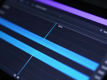 Sleek dark-mode technology photography, close-up of video editing software timeline with electric blue light trails, high contrast, 35mm