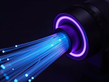 Sleek dark-mode technology photography, high-speed fiber optic cable glowing in electric blue, data flow representation, high contrast, 35mm