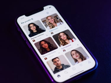 Sleek dark-mode technology photography, smartphone screen displaying social media video feeds with neon rim lighting, high contrast, 35mm