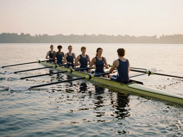 Rowing crew on calm morning water, synchronized oars dipping in unison, soft golden morning light, 35mm film style