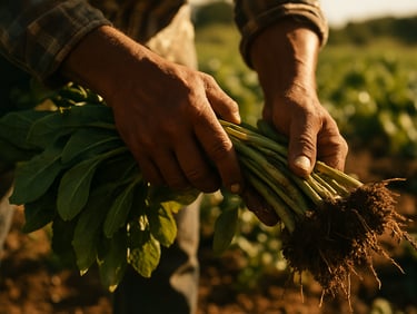 Close-up of agricultural worker's hands harvesting crops in a sunny field in Morelos, high-contrast natural light, warm tones.