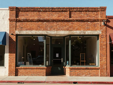 A bright sunny day in Tulare County, showing a local historic downtown storefront with rich brick textures under warm California sunlight.