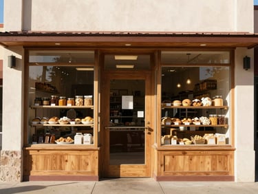 Bright California valley sunlight illuminating a clean storefront of a local bakery in Tulare, warm editorial photography, sharp focus, 35mm