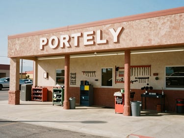A modern auto repair shop bay in Porterville, clean tools organized, bright natural daylight, 35mm editorial