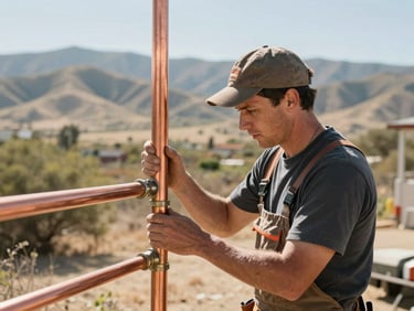 A local plumber working on a copper pipe installation under bright natural light, warm tones, sharp focus, 35mm