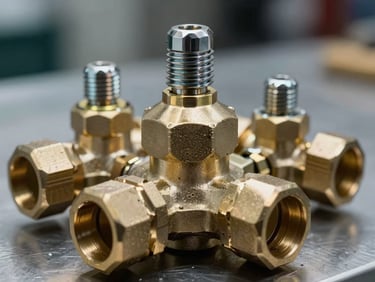 Extreme close-up of a marine valve assembly — polished brass fittings and stainless fasteners arranged on a steel surface under cool studio strobe lighting, precise industrial detail