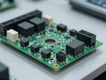 Close-up of a PCB control module and electrical relay components on a QA inspection station bench, cool north-facing daylight, technical labels visible, no people