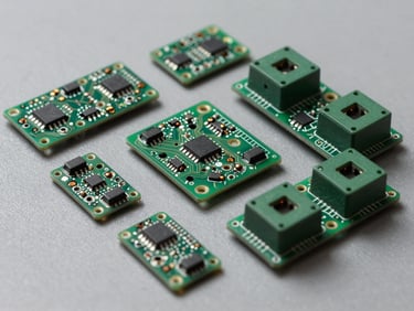 Macro flat-lay of precision electronic circuit boards and relay components arranged on a grey technical surface under studio strobe, sharp detail on solder points and connector pins
