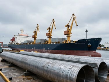 Wide-angle view of a commercial shipyard dry dock under cool overcast daylight, large steel hull sections visible in foreground, cranes in background, no people