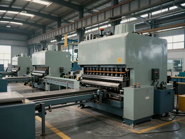 Wide environmental shot of an industrial manufacturing floor — heavy press machinery and conveyor lines in a north-facing factory hall, cool diffuse daylight, no workers visible
