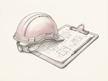 An elegant hand-drawn graphite pencil sketch of a safety helmet and a clipboard, fine-line detail with soft dusty rose highlights, isolated on a warm white background, minimalist composition.