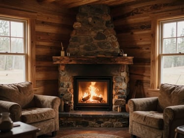 Cozy wooden cabin interior with a warm glowing fireplace and rustic furniture, soft window light, 35mm film style.