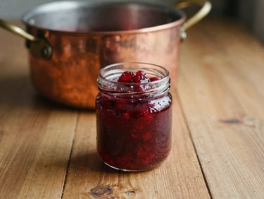 A rustic glass jar of strawberry jam on a wooden table, copper pot in the background, warm light, 35mm film style.