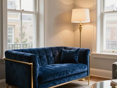 A luxury apartment living room with a reading corner, a gold-accented velvet structured lounger under a designer floor lamp, soft window light