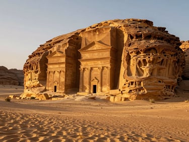 Hegra archaeological site in Al-Ula, dramatic sandstone tombs carved into desert cliffs under golden-hour sunlight, empty expansive landscape.