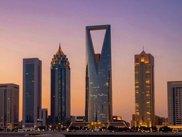 Modern cityscape of Riyadh, Boulevard World illuminated at dusk, vibrant purple and orange sky, high-end travel photography.