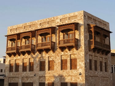 Historic Al-Balad district in Jeddah, traditional coral stone houses with intricate wooden rawashin balconies, warm afternoon sun.