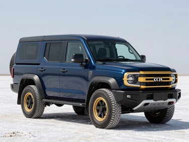 Modern customized adventure truck parked on a salt flat, bright daylight, sharp commercial focus