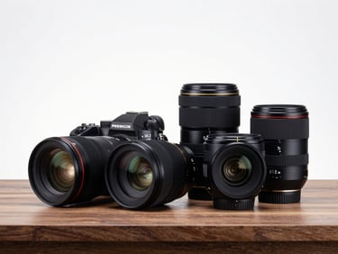 Premium mirrorless camera and cinematic lens array on a walnut desk, clean studio lighting