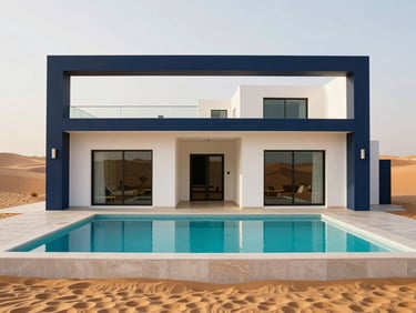 Luxury desert villa with a turquoise pool at golden hour, architectural clean framing