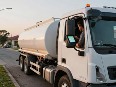 Wide shot of a tanker truck on a residential street in a Guadalajara neighborhood, GPS dispatch tablet visible through the open cab window, operator standing beside the truck reviewing the screen, afternoon light