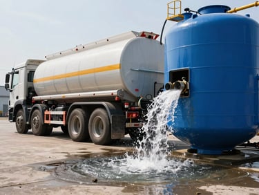 Action shot from ground level — a tanker truck discharge valve open, clean water arcing into a large blue plastic storage tank in an industrial yard, bright midday light, concrete ground visible