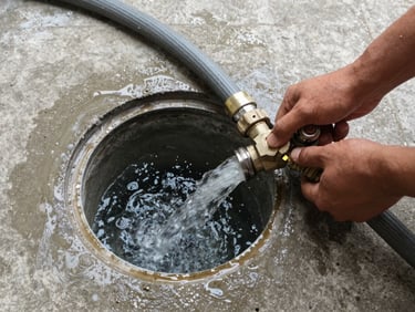 Close overhead shot of a thick discharge hose connected to a residential cistern opening in a concrete floor, water rushing through, operator's hands steadying the fitting, natural daylight from above