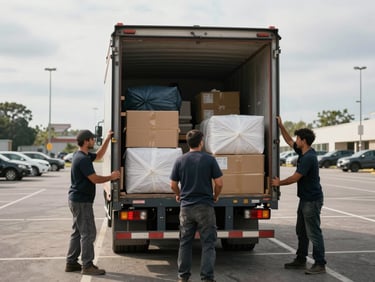Wide shot of crew loading bulky items into a truck bed in a parking area, overcast natural daylight, honest documentary angle showing the physical scope of the haul