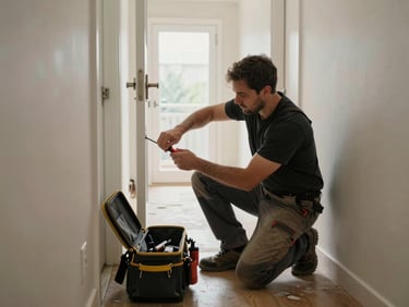 Wide shot of a handyman tightening a door hinge with a screwdriver in a residential hallway, tool bag open on the floor beside him, natural window light from the end of the corridor, work-in-progress framing