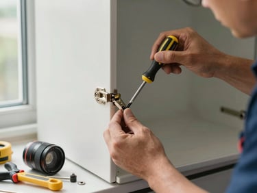 Environmental shot of a technician's hands tightening a cabinet hinge with a screwdriver, natural side-window light, genuine repair in progress, tools and hardware visible on the counter nearby