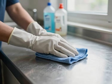 Close-up of gloved hands wiping a stainless steel surface with a microfiber cloth, professional cleaning supplies visible on the counter behind, north-facing window light casting soft shadows, honest documentary framing