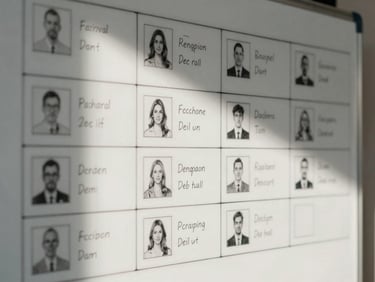 A close-up of a whiteboard with structured organizational boxes and candidate profiles sketched out, natural sunlight casting soft shadows, clean and professional.