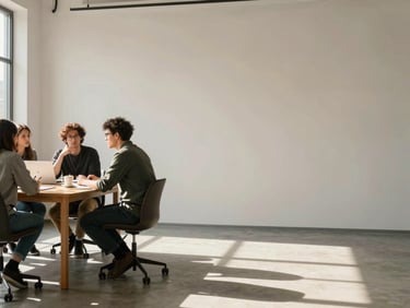 Wide panoramic sunlit workspace, a small startup team in deep discussion around a wooden table to the left third, generous negative space on the right, soft shadows, warm natural daylight, collaborative focus.
